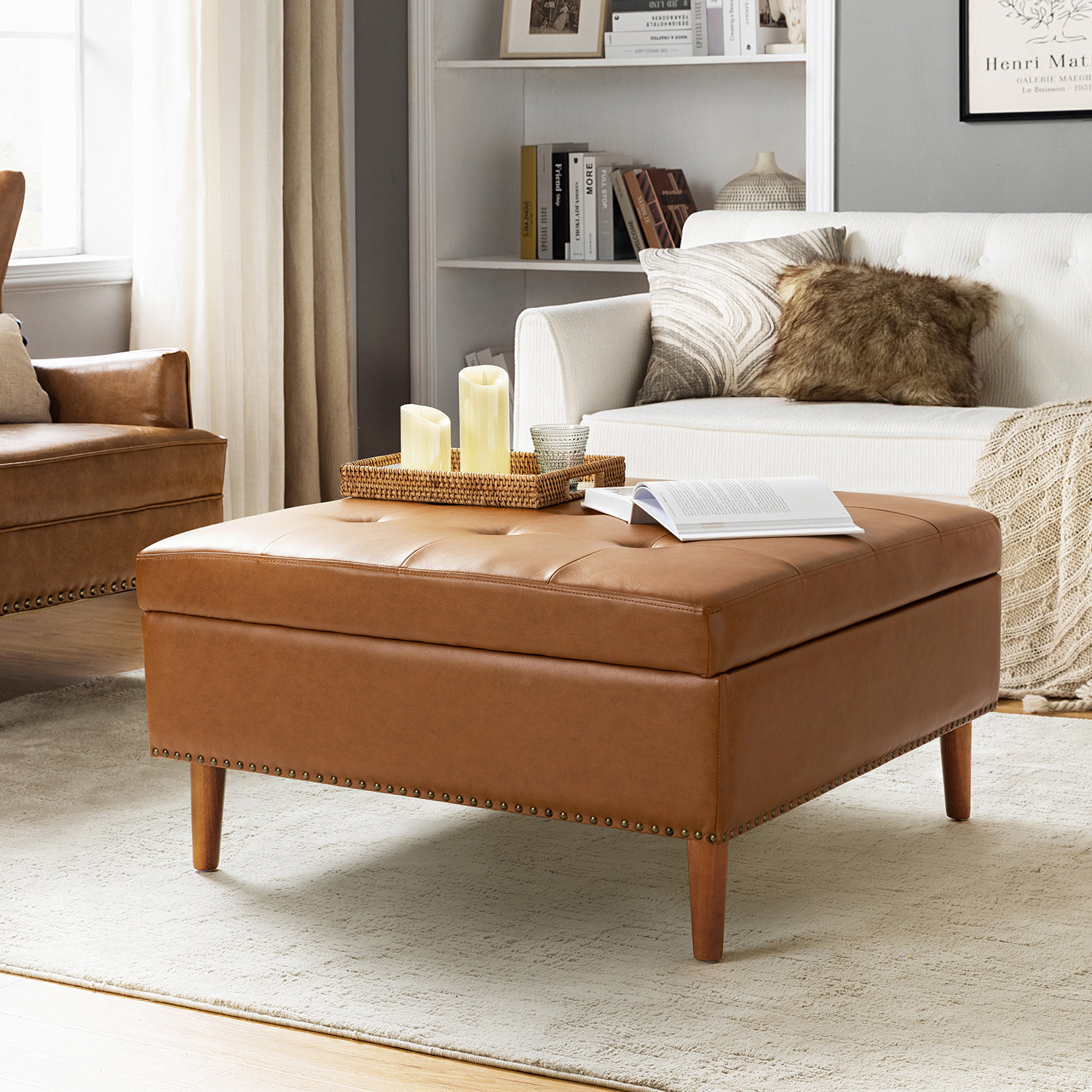 Arshaan Modern Vegan Leather Ottoman Coffee Table with Storage Wade Logan Leather Type Camel Faux Leather